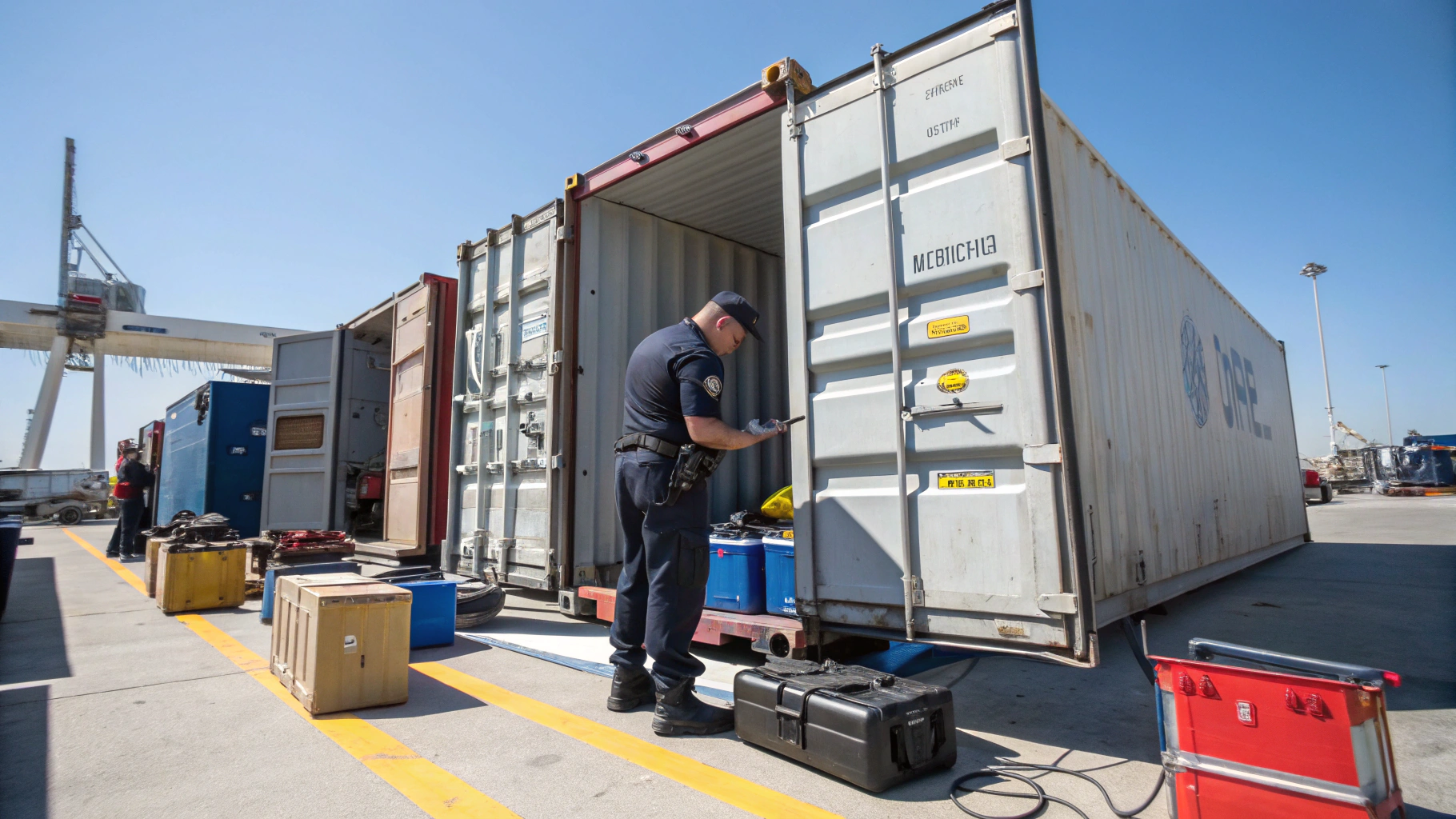 Border security officer inspecting consignment parcels with handheld optical scanner