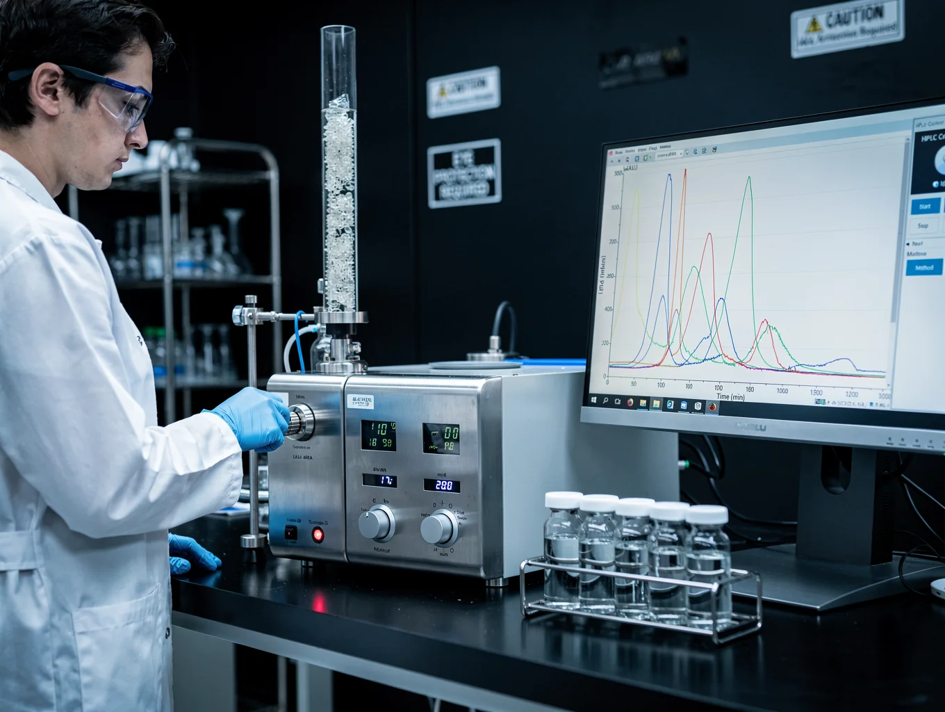 Modern high performance liquid chromatography laboratory instrument with green sustainability indicators