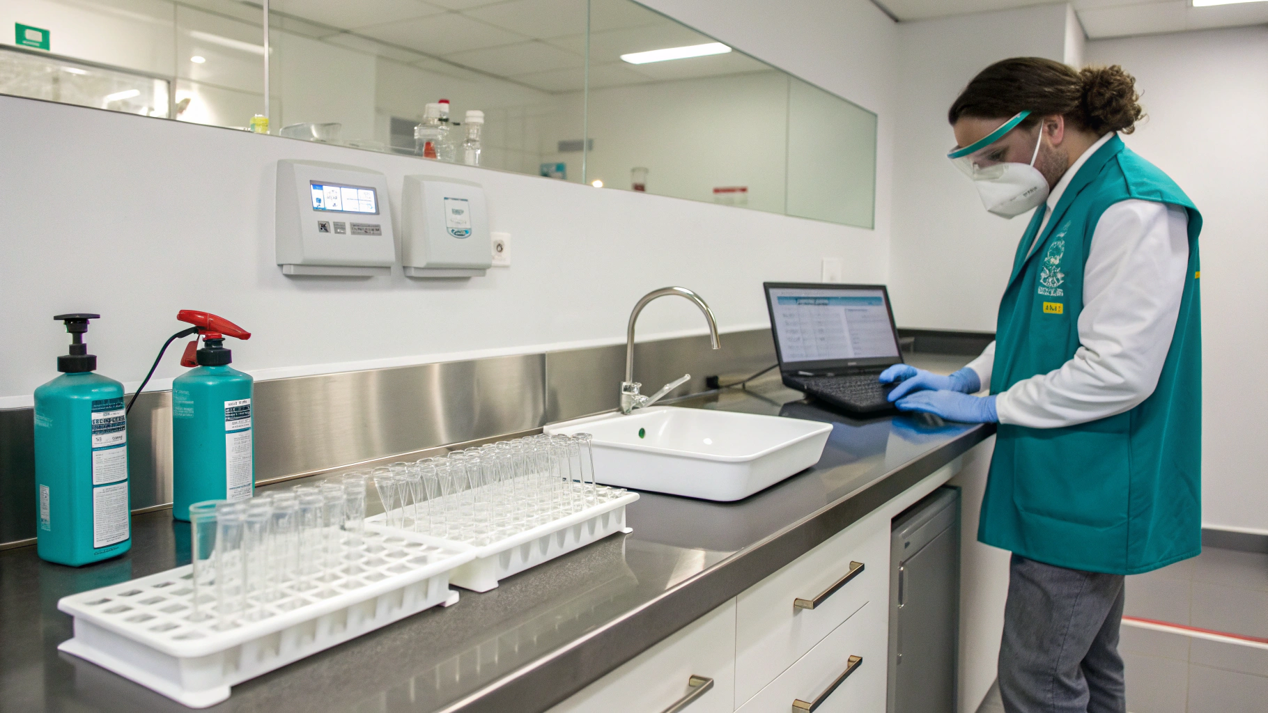 Laboratory benchtop analytical instrument in a forensic evidence examination facility