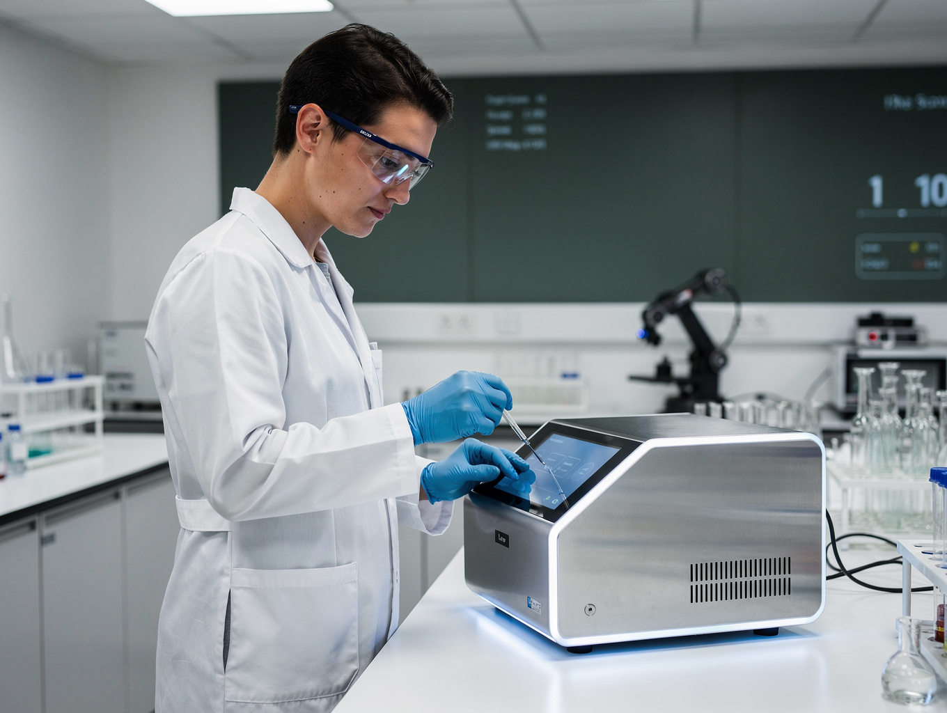 Laboratory engineer performing maintenance and calibration on analytical testing instrument