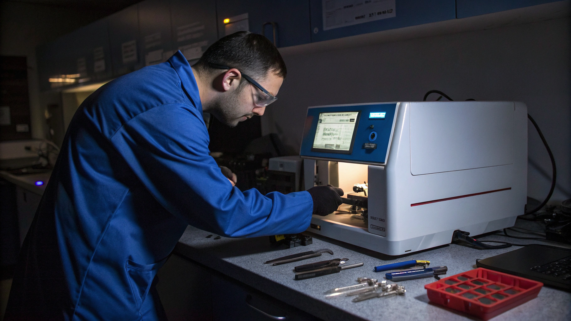 Field engineer conducting maintenance and optical diagnostics on laboratory analyzer